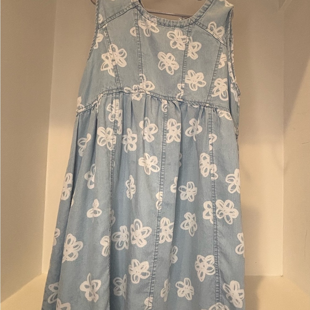 Blue Chambray Dress with White Floral Pattern